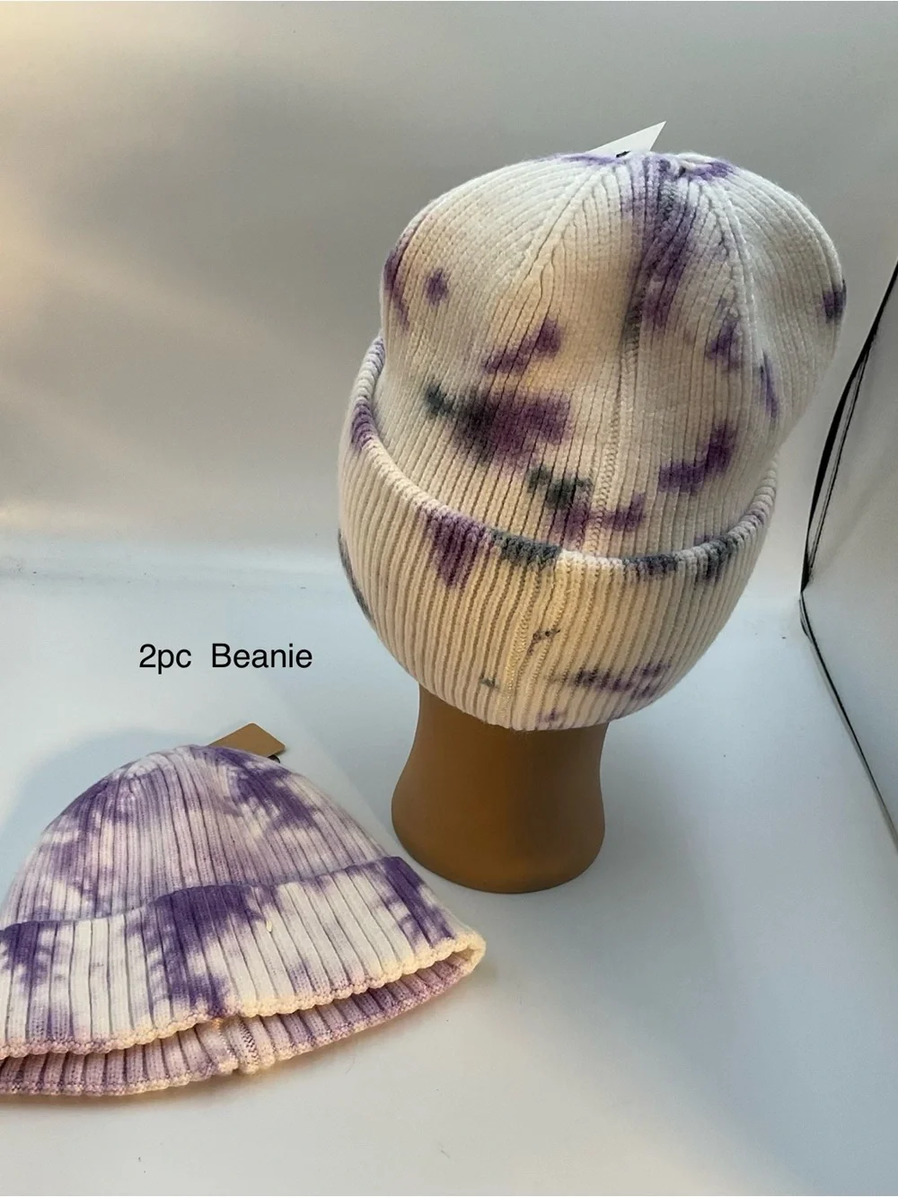 Tie-Dye Purple & White Ribbed Beanie - Pack of 2